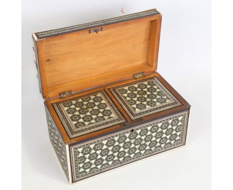 An Indian Vizagapatam dome-top tea caddy, 19th century, with allover ivory and turquoise micro-mosaic inlay, and 2 inner lids