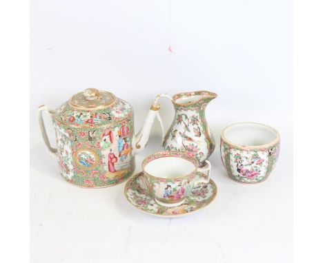 A group of Chinese Canton enamel porcelain teaware, hand painted and gilded decoration, comprising teapot, milk jug, sugar po