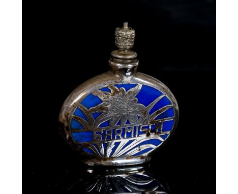 A Continental unmarked white metal and blue enamel moon-shaped scent flask, height 6cm 