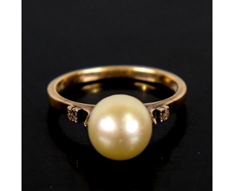 A Vintage 14ct gold whole pearl dress ring, pearl diameter 9.4mm, size O, 4gNo damage or repair, settings lightly abraded, ma