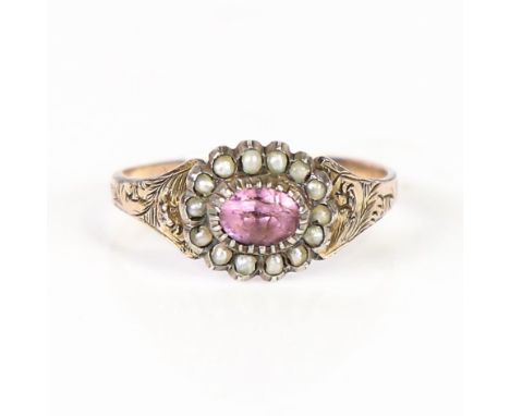 A Georgian amethyst and split-pearl cluster ring, unmarked gold closed back settings, with foliate engraved shoulders and sha