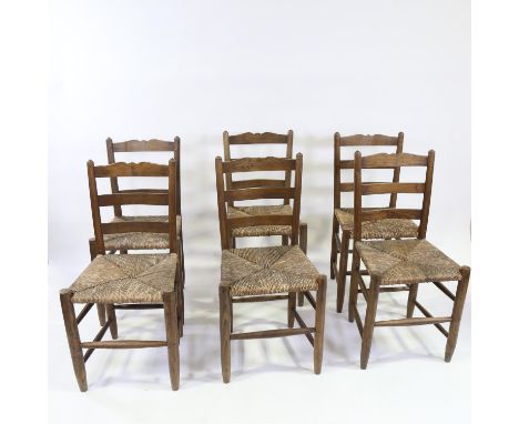 Gordon Russell Cotswold School, set of 6 Arts and Crafts rush-seated side chairs, 5 retaining maker's copper plaque, The Russ