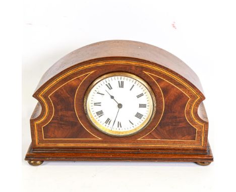 An Edwardian mahogany and satinwood inlaid dome-top mantel clock, white enamel dial with Roman numeral hour markers and blued