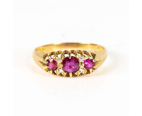 An early 20th century 18ct gold 7-stone ruby and diamond half hoop ring, maker's marks S & Co, hallmarks Birmingham 1910, set