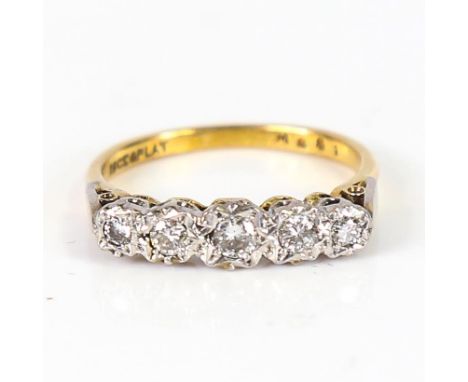 An early 20th century 18ct gold graduated 5-stone diamond half hoop ring, illusion set with round brilliant-cut diamonds, tot