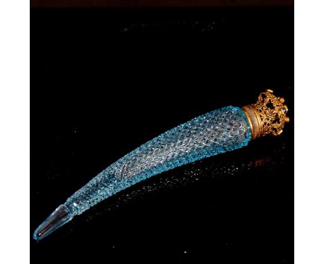 An Austrian faceted blue glass cornucopia perfume bottle, with stone set gilt metal cap and original stopper, length 21cmTip 