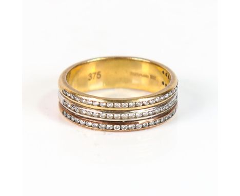 A modern 9ct 3-colour gold triple-row diamond half eternity ring, set with modern round brilliant-cut diamonds, total diamond