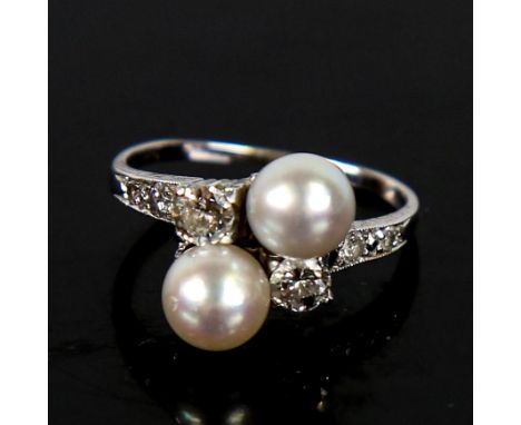 An Antique French 18ct white gold pearl and diamond crossover ring, set with whole pearl and modern round brilliant-cut diamo