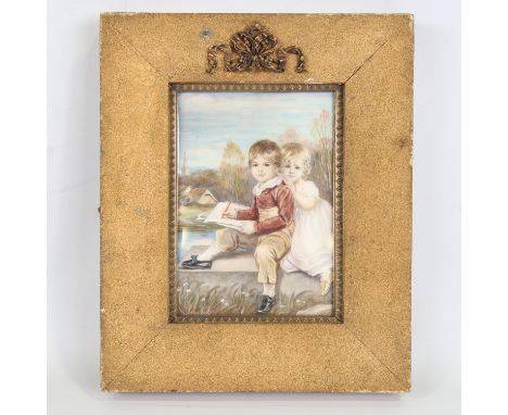 A miniature watercolour, portrait of 2 young children, probably on ivorine, circa 1900, unsigned, in gilt frame, overall fram
