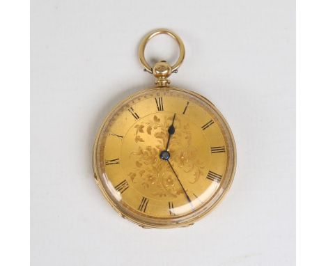 A 19th century Swiss 18ct gold open-face key-wind pocket watch, by John Neal of London, floral engraved gilt dial with Roman 