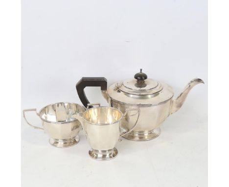 A George VI Art Deco silver 3-piece tea set, comprising teapot, cream jug and 2-handled sugar bowl, of angular circular form 