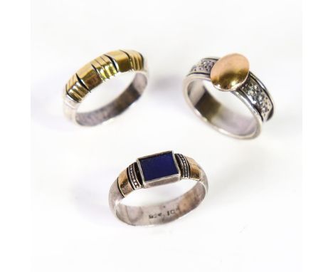 3 Vintage Continental silver rings, all with gold mounts, sizes N, and O x 2, 13.1g total (3)No damage or repair, all stones 