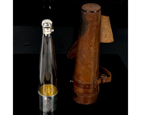 A Victorian silver-mounted clear glass hunting flask, tapered cylindrical form with screw-lock cap and removable flask with g