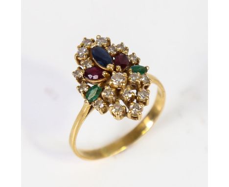 An Egyptian unmarked gold gem set dress ring, gemstones comprise sapphire ruby emerald and diamond, total diamond content app