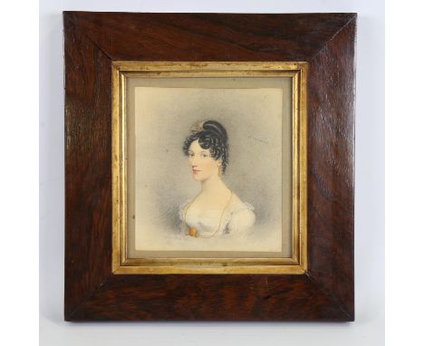 Adam Buck, miniature watercolour on paper, portrait of a young lady, signed and dated 1821, rosewood frame, overall frame dim