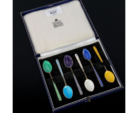 A set of 6 Elizabeth II silver and harlequin enamel coffee spoons, by Gibson & Co Ltd, hallmarks Birmingham 1970, length 9.5c