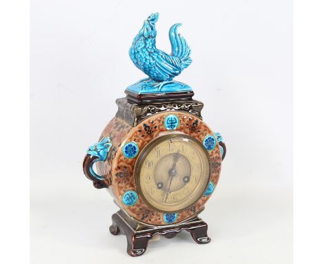 Continental chinoiserie pottery cased mantel clock, circa 1890, by S Marti, gilt-brass dial with 8-day striking movement, key