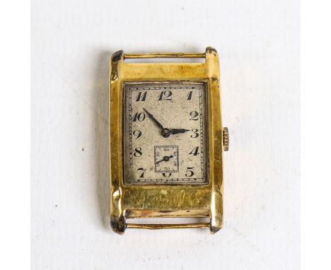 An Art Deco 18ct gold wristwatch head, silvered dial with Arabic numerals and subsidiary seconds dial, 15 jewel movement, imp