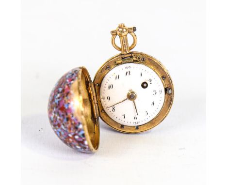An 18th century Continental unmarked gold and speckled enamel key-wind concealed ball form fusee Verge watch, white enamel di