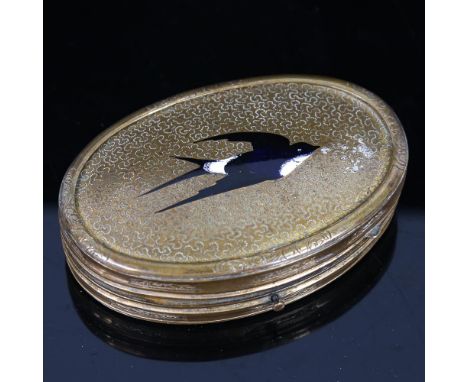 A Victorian gilt-metal and enamel etui, with bird decorated lid, length 9.5cm 