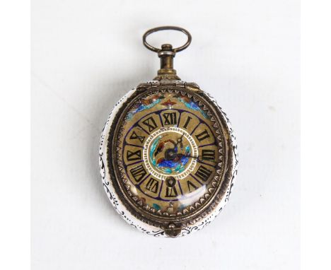 An 18th century Bilston enamel trinket box pocket watch, enamelled brass dial with Roman numeral hour markers with hand paint
