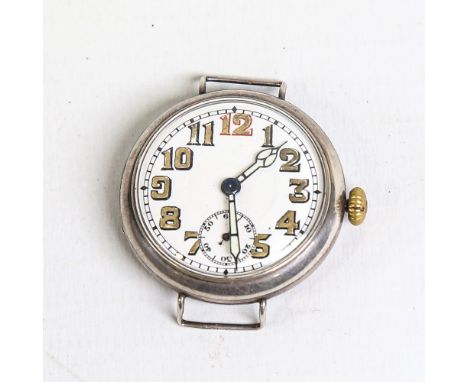 A First World War Period silver-cased Officer's wristwatch head, white dial with Arabic numerals and subsidiary seconds dial,