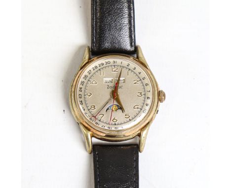 ZODIAC - a Vintage gold plated stainless steel triple calendar wristwatch, ref. 1202, circa 1950s, silvered dial with gilt Ar