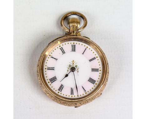 A Swiss 14ct gold open-face top-wind fob watch, white enamel dial with Roman numeral hour markers and allover floral engraved