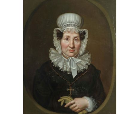 Maler des 18./19. Jh."Portrait einer Dame", en face-Brustbildnis einer Frau in schwarzem Kleid mit Spitzkragen und weißer Hau