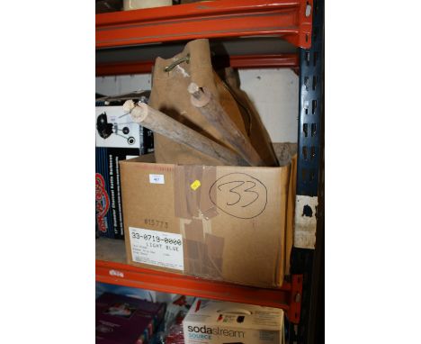 A BOX CONTAINING TWO WW2 ERA BRITISH ARMY TWO MAN TENTS, WITH WOODEN PEGS AND ONE SET OF WOODEN POLES