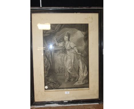 A FRAMED MEZZOTINT BEHIND GLASS - PORTRAIT OF 'MISS FARRON IN THE CHARACTER OF HERMIONE AFTER JOHAN ZOFFANY ENGRAVED E FISHER