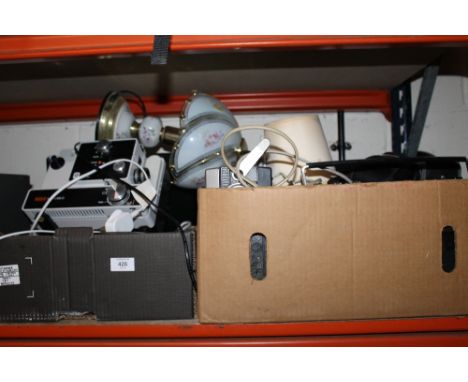 TWO TRAYS OF ELECTRICALS TO INC A EUMIG MARK 6100 PROJECTOR, FLORAL LAMPS, PORTABLE RADIOS ETC