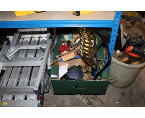TWO TRAYS AND A BUCKET OF TOOLS ETC TO INC A FOLD UP WORK BENCH