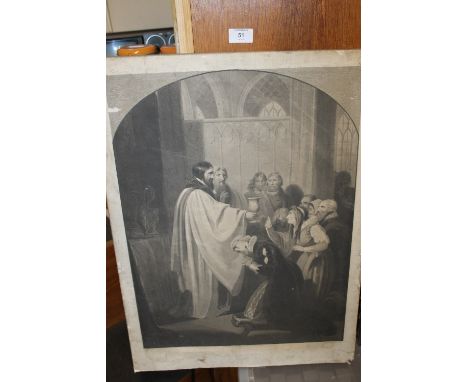 AN ENGRAVING MOUNTED ON CANVAS TITLED SACRAMENT AFTER R WESTALL ENGRAVED R M MEDON