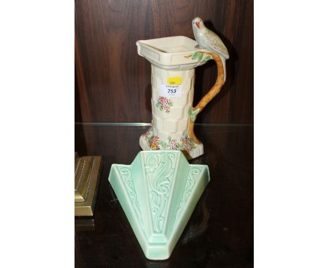 A WADE HEATH BUDGIE JUG & A GOTHIC WALL POCKET