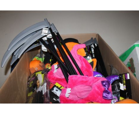 A LARGE BOX CONTAINING A MIX OF HALLOWEEN PROPS, COSTUMES ETC