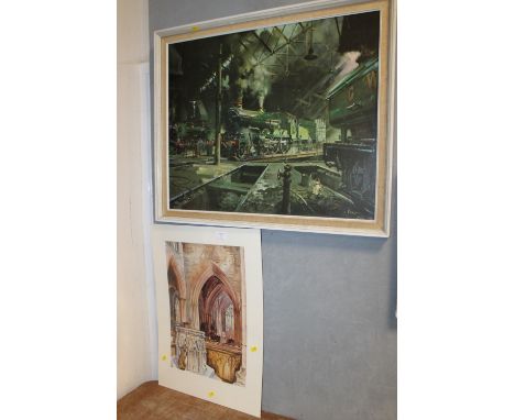 THOMAS G HILL - WATERCOLOUR OF CHURCH SCENE & TERENCE CUNEO RAIL PRINT (2)