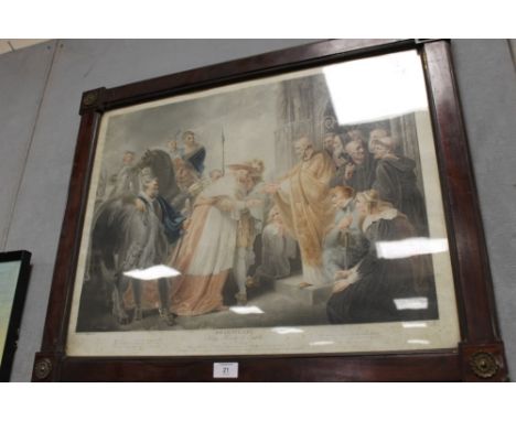 A FRAMED HAND COLOURED STIPPLE ENGRAVING BEHIND GLASS - 'SHAKESPEARE KING HENRY THE EIGHTH ACT IV SCENE II' AFTER R WESTALL