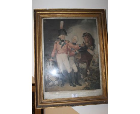 A FRAMED COLOURED PRINT BEHIND GLASS - 'BATTLE OF LASWARI LORD LAKE & HIS SON COLONEL LAKE'