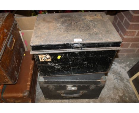 TWO BLACK VINTAGE TRUNKS - ONE BEING METAL