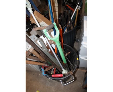 TWO BINS CONTAINING GARDENING TOOLS ETC