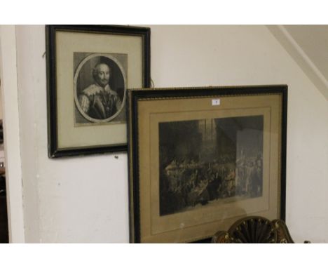 A FRAMED & GLAZED ENGRAVING 'COURT TRIAL OF WILLIAM LORD RUSSELL, AFTER GEORGE HAYTER, ENGRAVED JOHN BROMLEY 1828 TOGETHER WI