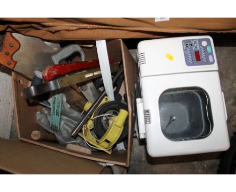 A BOX OF HAND TOOLS TO INCLUDE A WATER PUMP, VINTAGE TEA CRATE, MOTHER OF PEARL INLAID PLANT STAND ETC
