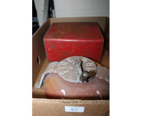 A BOX CONTAINING VINTAGE FUEL CAN AND A VINTAGE ROTARY FIRE ALARM / BELL