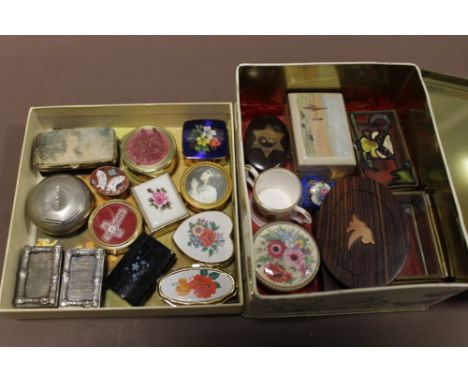 A BOX AND A TIN OF VINTAGE AND OTHER PILL BOXES, MINIATURES ETC