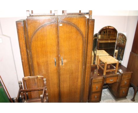 AN OAK DOUBLE WARDROBE, DRESSING TABLE & STOOL (3)