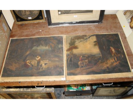 A PAIR OF COLOURED PRINTS MOUNTED ON CAVVAS - SAD STORY AND WOODCUTTER & COWBOY AFTER R WESTALL ENGRAVED JOHN OGBOURNE