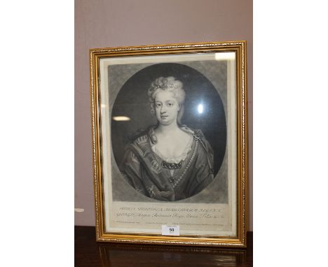 A FRAMED MEZZOTINT BEHIND GLASS - PORTRAIT OF SOPHIA AFTER F W WEIDEMAN 1714 ENGRAVED F SMITH