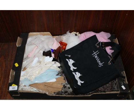 A TRAY OF VINTAGE LADIES ACCESSORIES ETC TO INC GLOVES,SCARVES BAGS, PERFUME BOTTLES