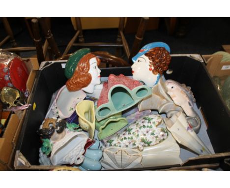 A TRAY OF CERAMIC WALL POCKETS ETC TO INC DECO STYLE EXAMPLES